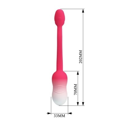 Utensílio longo cor de rosa a branco com medidas indicadas