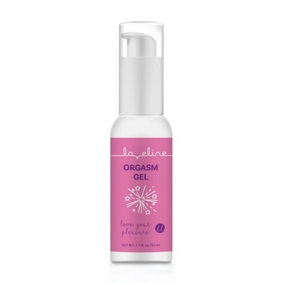 Frasco branco de gel com tampa de bomba e rótulo rosa