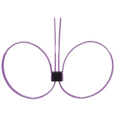Acessório roxo para orelhas em forma de óculos com parte central preta.