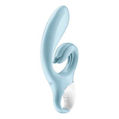 Vibrador azul claro com parte branca e forma curva