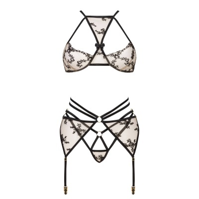 Conjunto de lingerie em tule preto com bordados florais e tiras finas pretas com fechos dourados