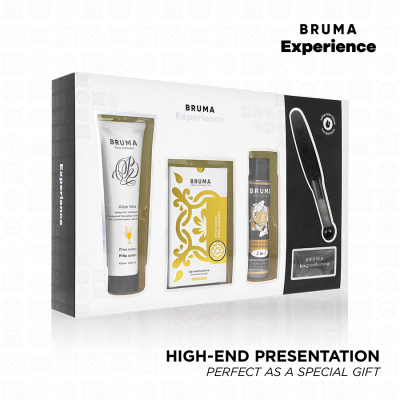 Conjunto cosméticos Bruma Experience com gel Aloe Vera, gel estimulante, óleo massajador e aplicador em caixa branca e preta