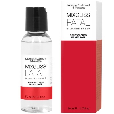 Frasco transparente de lubrificante MIXGLISS FATAL com tampa preta e caixa branca e vermelha