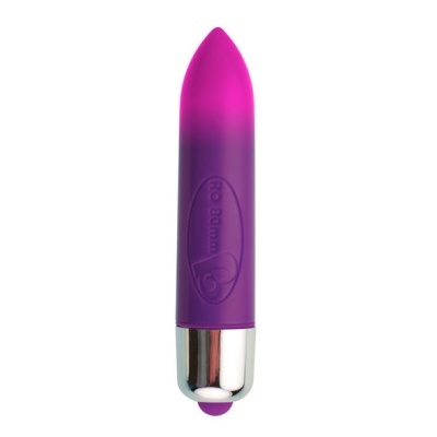 Vibrador bullet roxo e rosa com base metálica prateada