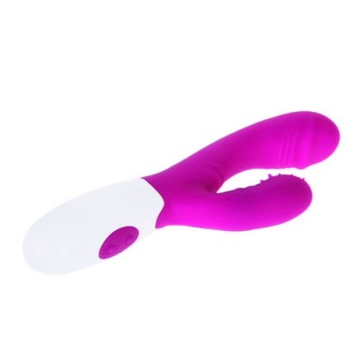 Vibrador em silicone rosa e branco com duas pontas e botões de controlo