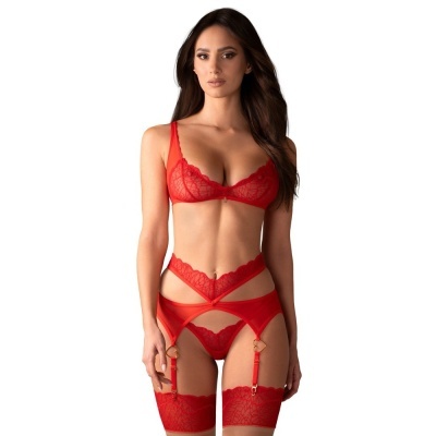 Conjunto de lingerie vermelho com renda e cinta-liga, mostrado numa modelo em fundo branco.