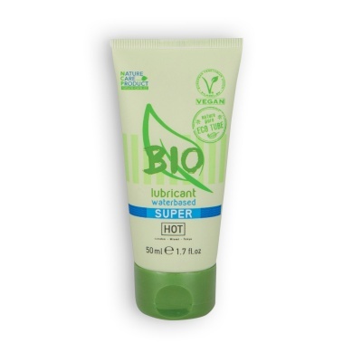 Frasco de lubrificante à base de água BIO com rótulos vegan e eco