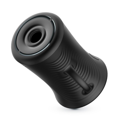 Objeto cilíndrico preto com textura e detalhe circular