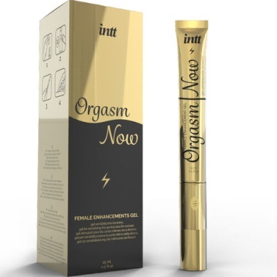 Gel feminino Orgasm Now intt dourado ao lado da caixa preta e dourada com instruções