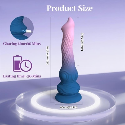 Vibrador rosa e azul com textura e dimensões exibidas