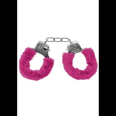 Algemas metal com pelúcia rosa em fundo branco