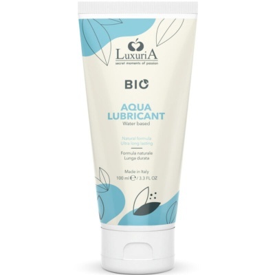 Frasco de lubrificante à base de água Luxuria BIO em tubo branco com detalhes azuis e texto