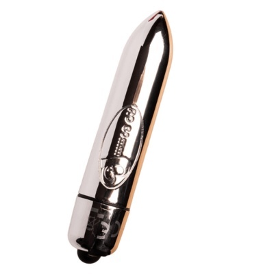 Vibrador metálico prateado com embossing oval e inscrições técnicas na base