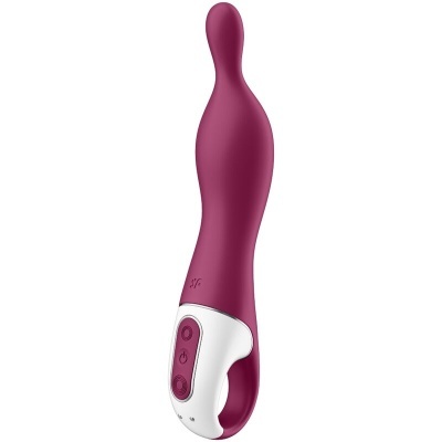 Vibrador roxo com base branca e botões na parte da frente