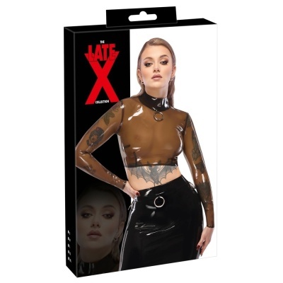 Embalagem com imagem de roupa de topo e saia em látex castanho e preto.