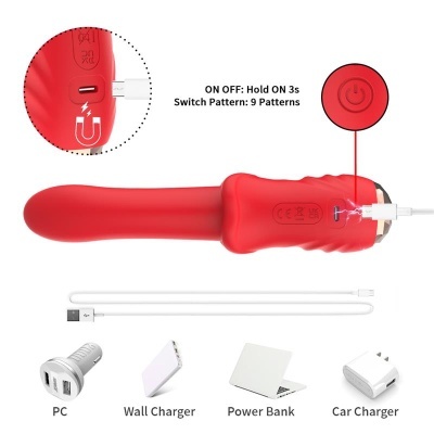 Vibrador vermelho com botão ligar, porta USB e cabo de carregamento