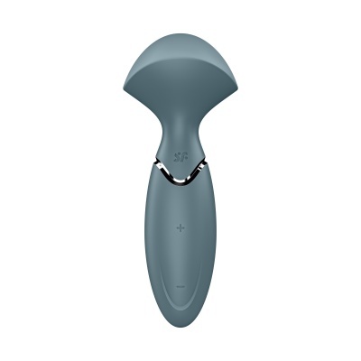 Aparelho em silicone azul com detalhe cromado e botões mais e menos