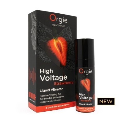 Embalagem e frasco do gel estimulante Orgie High Voltage Strawberry Liquid Vibrator com imagem de morango.