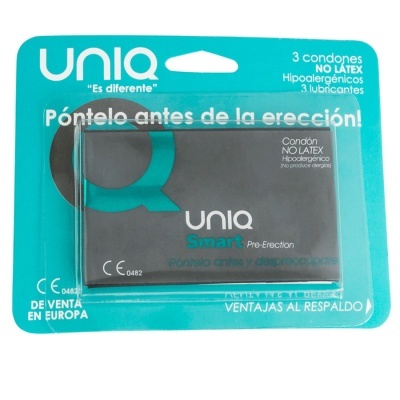 Embalagem azul e cinza de preservativos UNIQ Smart sem látex