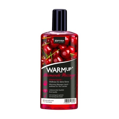 Frasco vermelho de líquido para massagem com rótulo de cerejas e texto em inglês e alemão