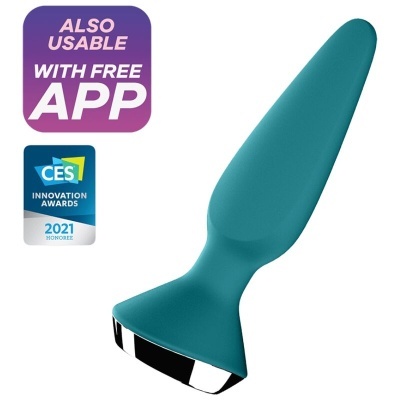 Brinquedo sexual de silicone azul com base preta e prateada e texto promocional
