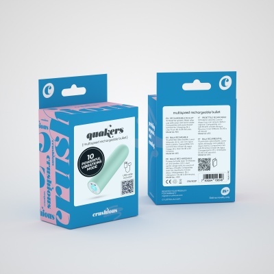 Caixa azul e rosa com bullet vibratório verde menta e informações no verso.