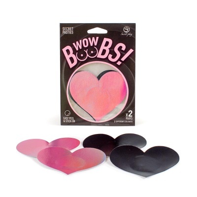 Pasties em forma de coração rosa e preto com embalagem preta e texto rosa
