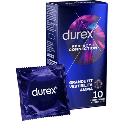Embalagem azul metálica e embalagem individual de preservativos Durex