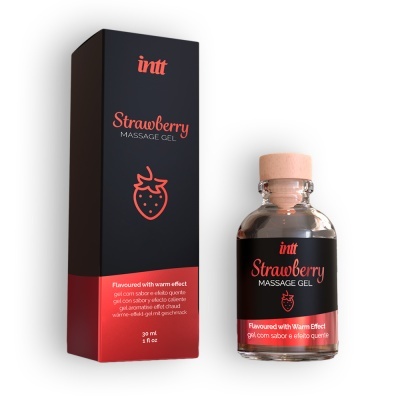 Gel de massagem sabor morango em frasco de vidro com embalagem preta e vermelha