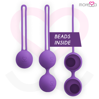 Bolas de exercício em silicone roxo com texto BEADS INSIDE e logo Moreça no fundo