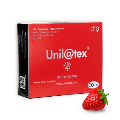 Caixa vermelha de preservativos Unilatex com 144 unidades e aroma a morango