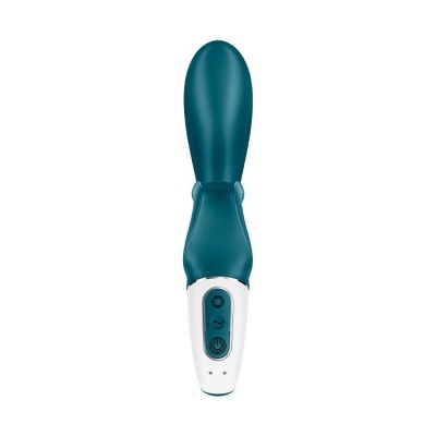 Vibrador azul com controlo branco e botões pretos