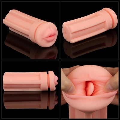 Masturbador masculino em silicone cor pele mostrado em quatro ângulos diferentes