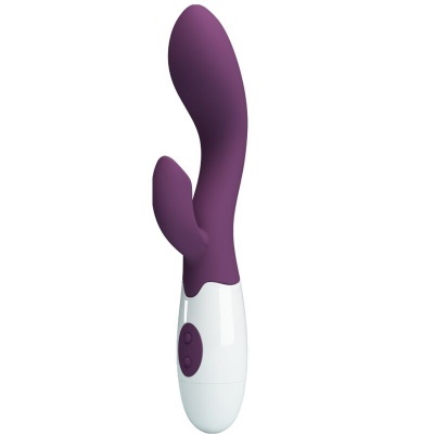 Vibrador roxo com base branca e dois botões