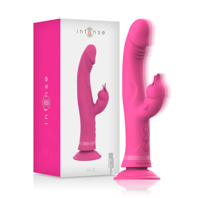Vibrador rosa com base de ventosa e ornamento em forma de coelho junto com embalagem