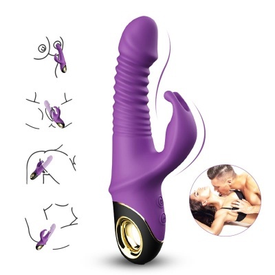 Vibrador roxo com base preta e dourada ao lado de ilustrações e casal abraçado