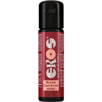 Frasco de silicone glide & care Woman EROS com rótulo vermelho e preto