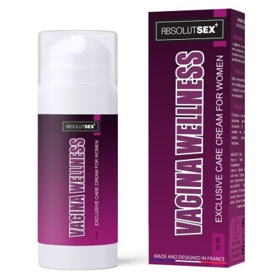 Frasco branco de creme vaginal com rótulo roxo ao lado da embalagem do produto em caixa roxa.