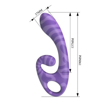 Produto roxo curvo com padrão zebrado e anel base com medidas em milímetros