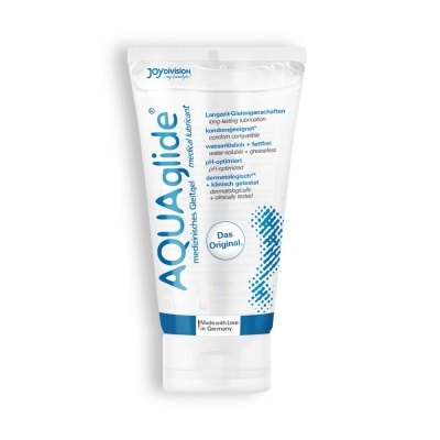 Frasco branco de gel lubrificante médico AQUAglide com texto azul
