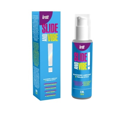 Frasco de lubrificante Slide and Vibe com caixa azul
