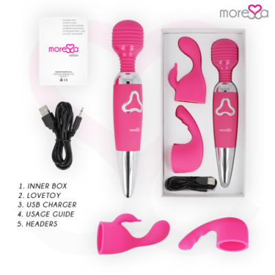 Kit de brinquedo sexual rosa com carregador USB, manual e cabeças intercambiáveis numa caixa branca.