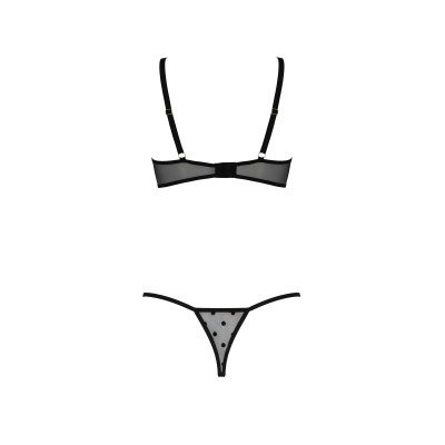 Conjunto de lingerie preto em tule transparente com bolinhas.