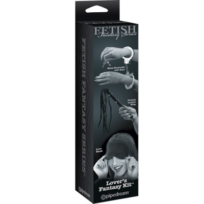 Embalagem do kit Lovers Fantasy com manoplas, chicote e máscara