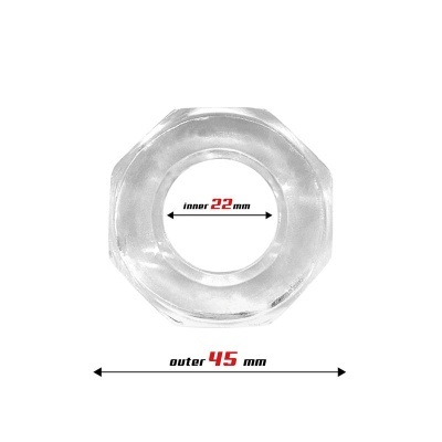 Anel transparente octogonal com medidas internas 22 mm e externas 45 mm.