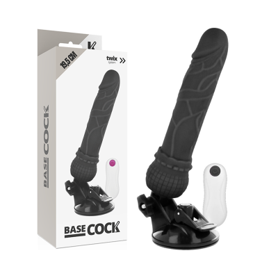 Dildo preto com ventosa e controlo remoto ao lado da embalagem