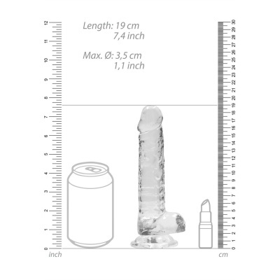 Dildo transparente com base medido entre régua e ilustrações de lata e batom para escala.