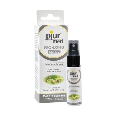 Frasco de spray Pjur Med Pro-Long com embalagem branca e cinza