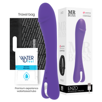Vibrador recarregável roxo MR BOSS ENZO com acessórios e embalagem