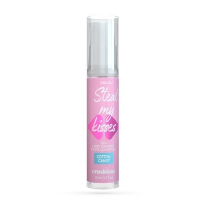 Frasco plástico com produto lubrificante com etiqueta rosa e tampa transparente